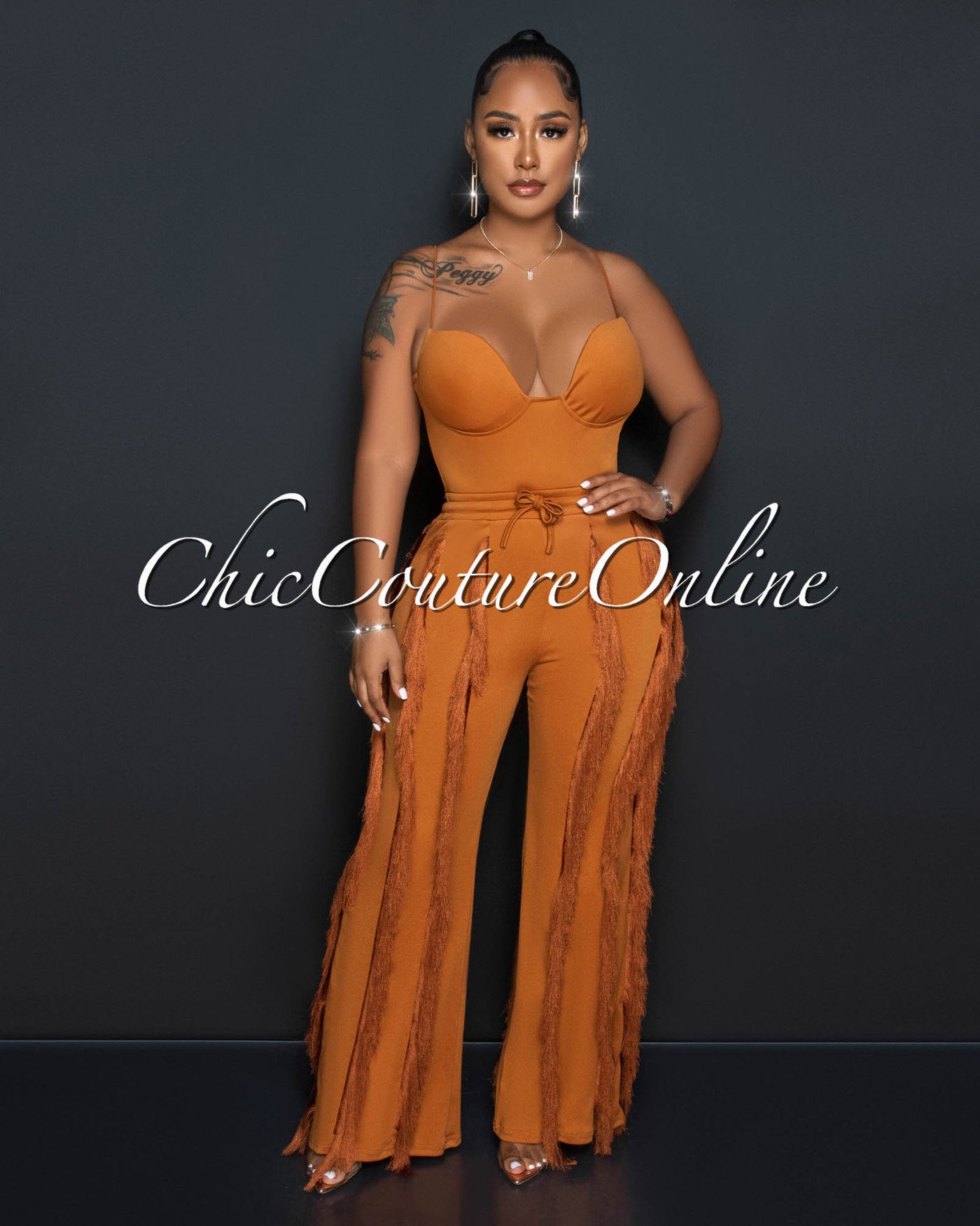 *Cofra Brown Padded Cups Bodysuit & Fringe Pants Set