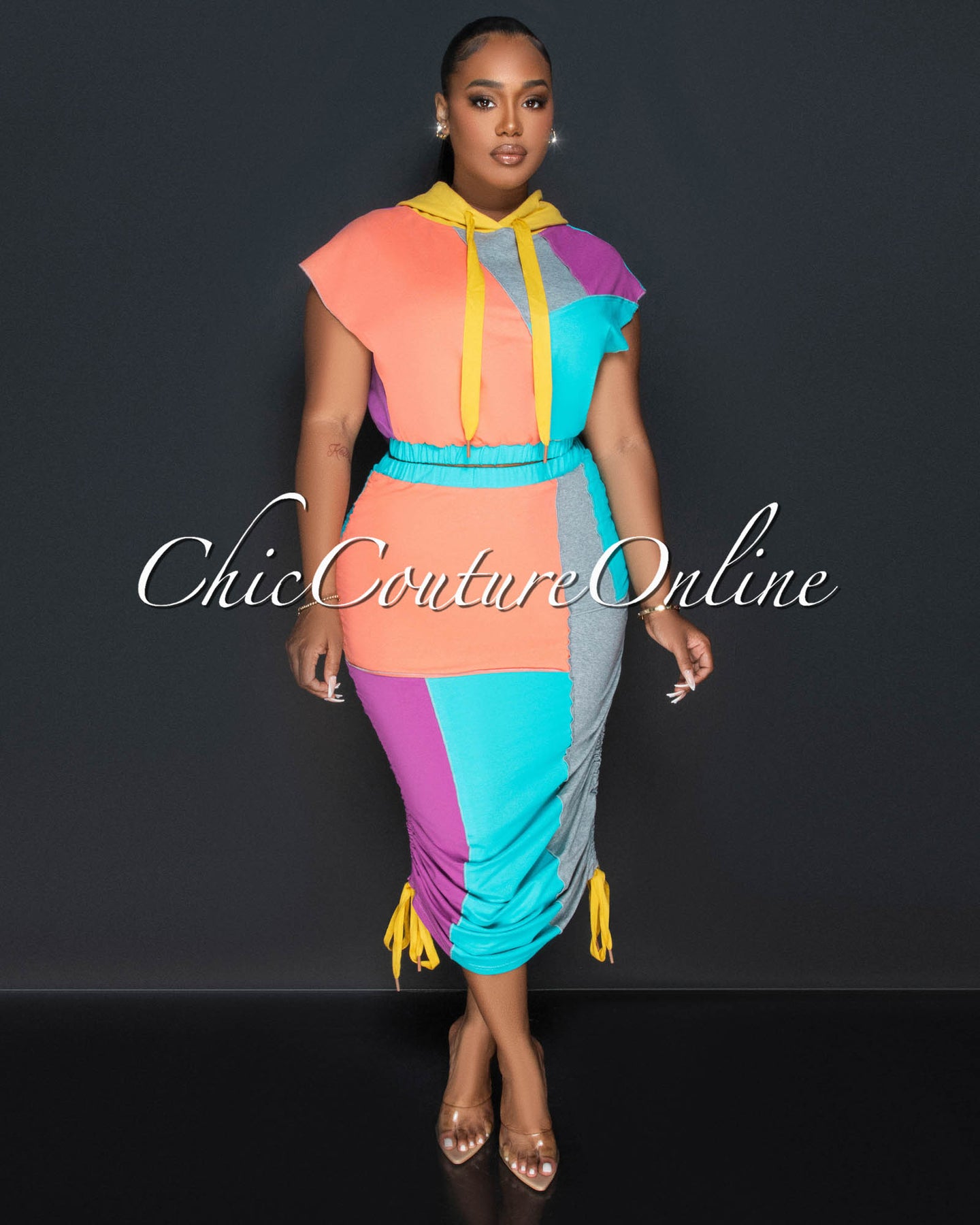 Zelia Color Block Hoodie Crop Top & Ruched Skirt Set