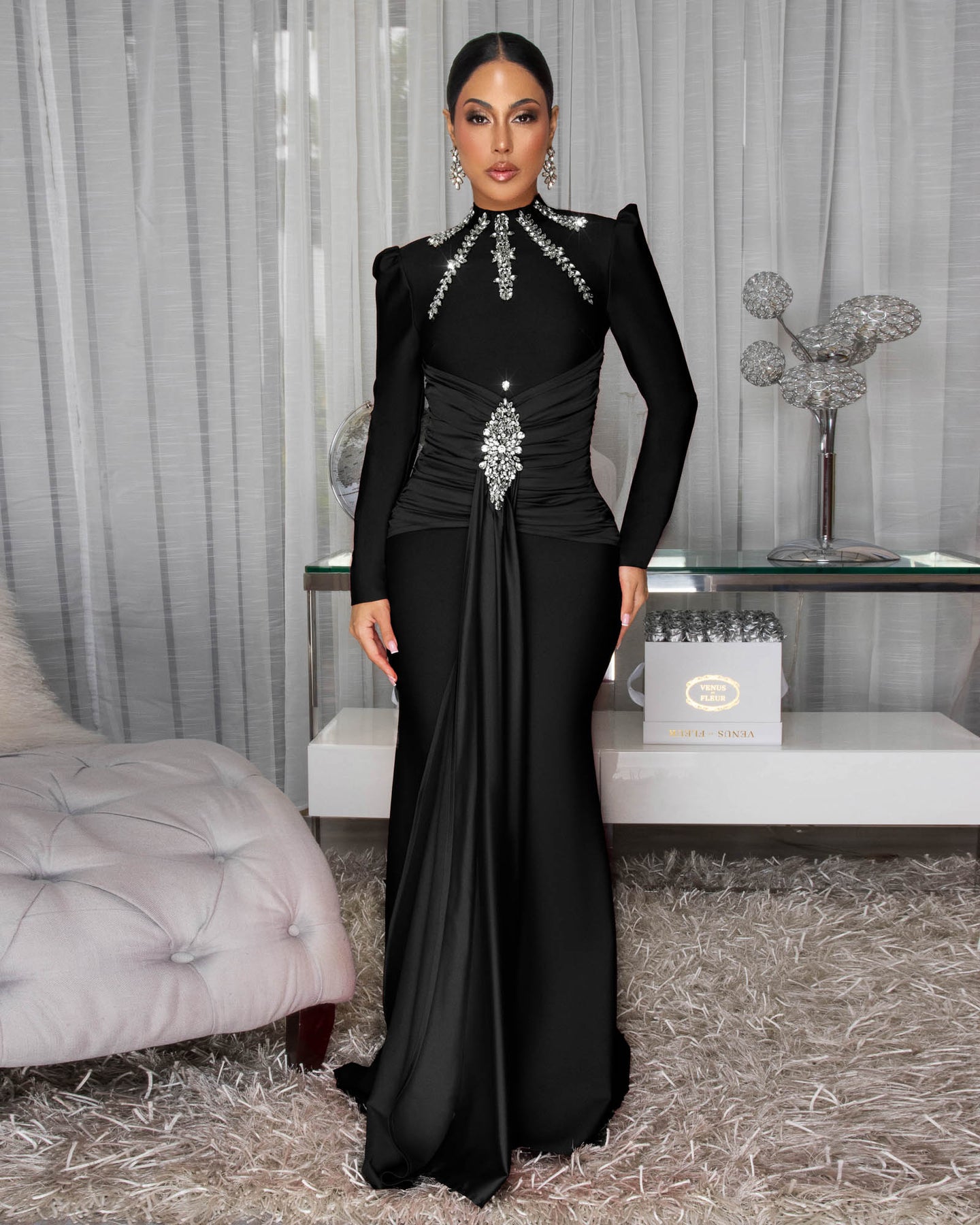 Valencia Black Rhinestones Maxi Bandage Dress