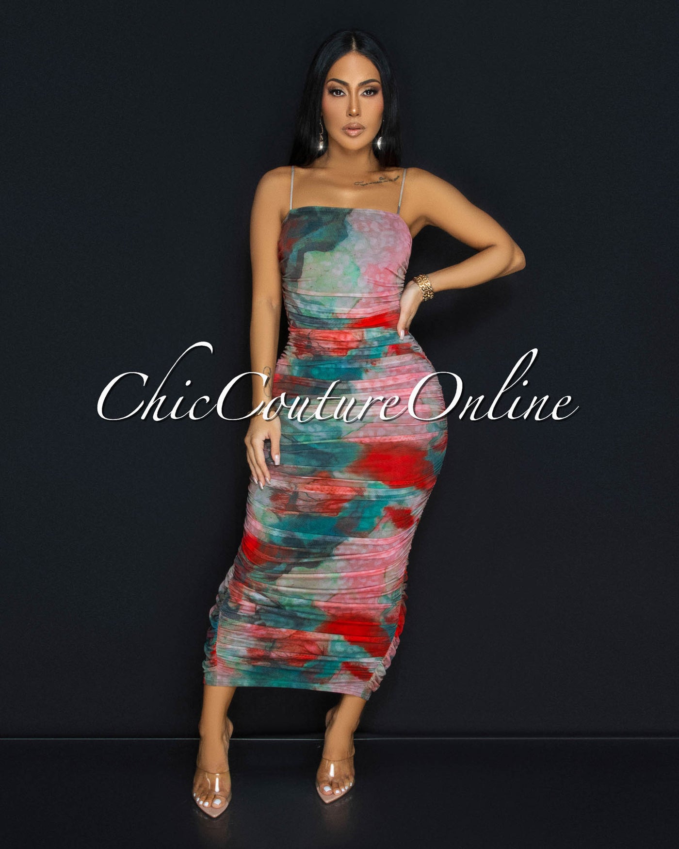 Murielle Rose Multi-Color Print Ruched Midi Dress