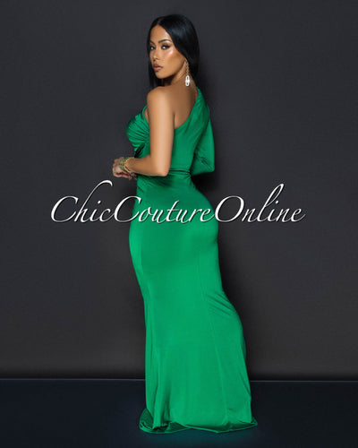 Balencia Green Single Sleeve Knot Front Maxi Dress