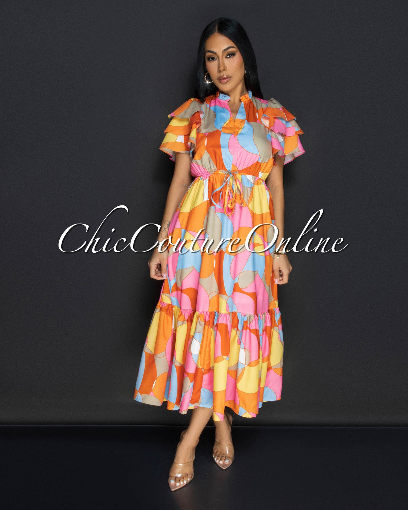 Kora Pink Multi-Color Ruffle Midi Dress