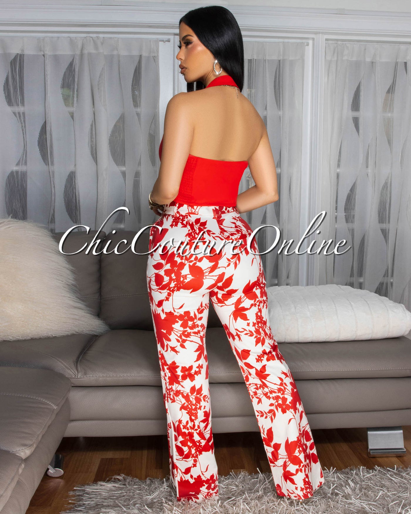 Larrah Cream Red Floral Print Straight Pants