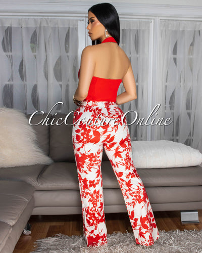 Larrah Cream Red Floral Print Straight Pants