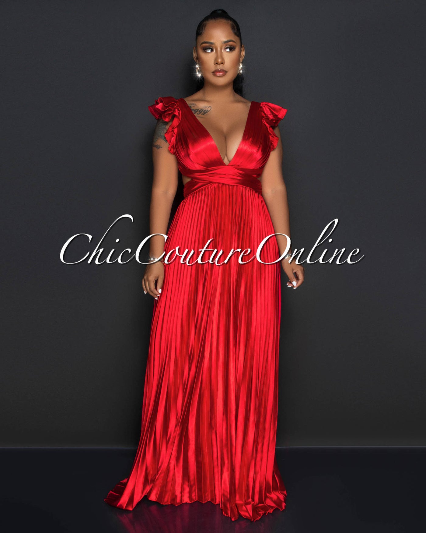 Elaine Red Ruffle Lace-Up Back Pleated Silky Maxi Dress