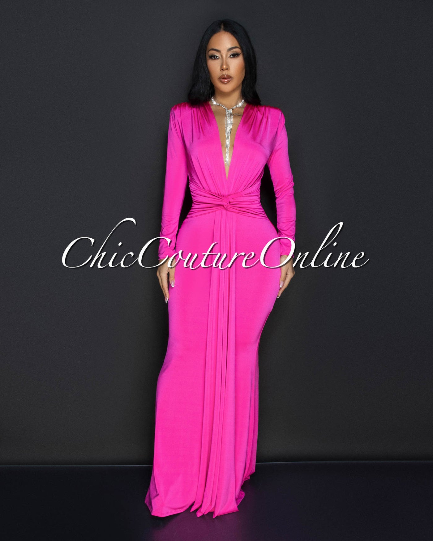 Cordelia Fuchsia Long Sleeves Deep V-Neck Maxi Dress