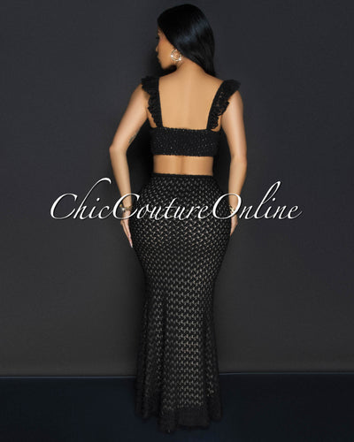 Miu Black Lace Ruffle Top & Skirt Two Piece Set