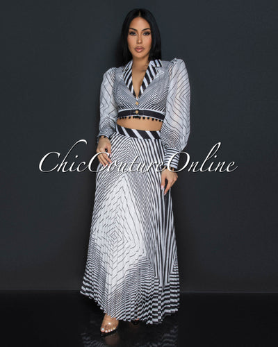 Varouna Black White Print Blouse & Pleated Long Skirt Set