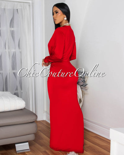 Shelley Red Long Sleeves Deep V-Neck Maxi Dress