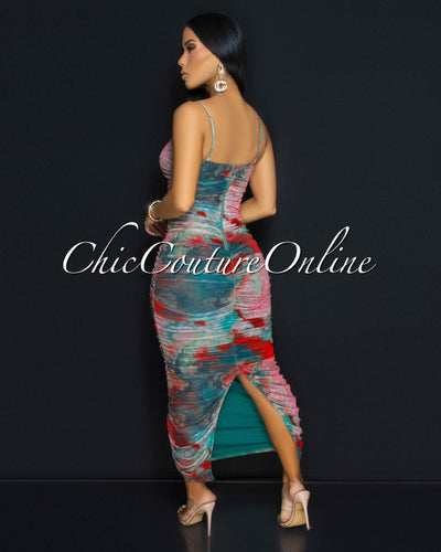 Murielle Rose Multi-Color Print Ruched Midi Dress