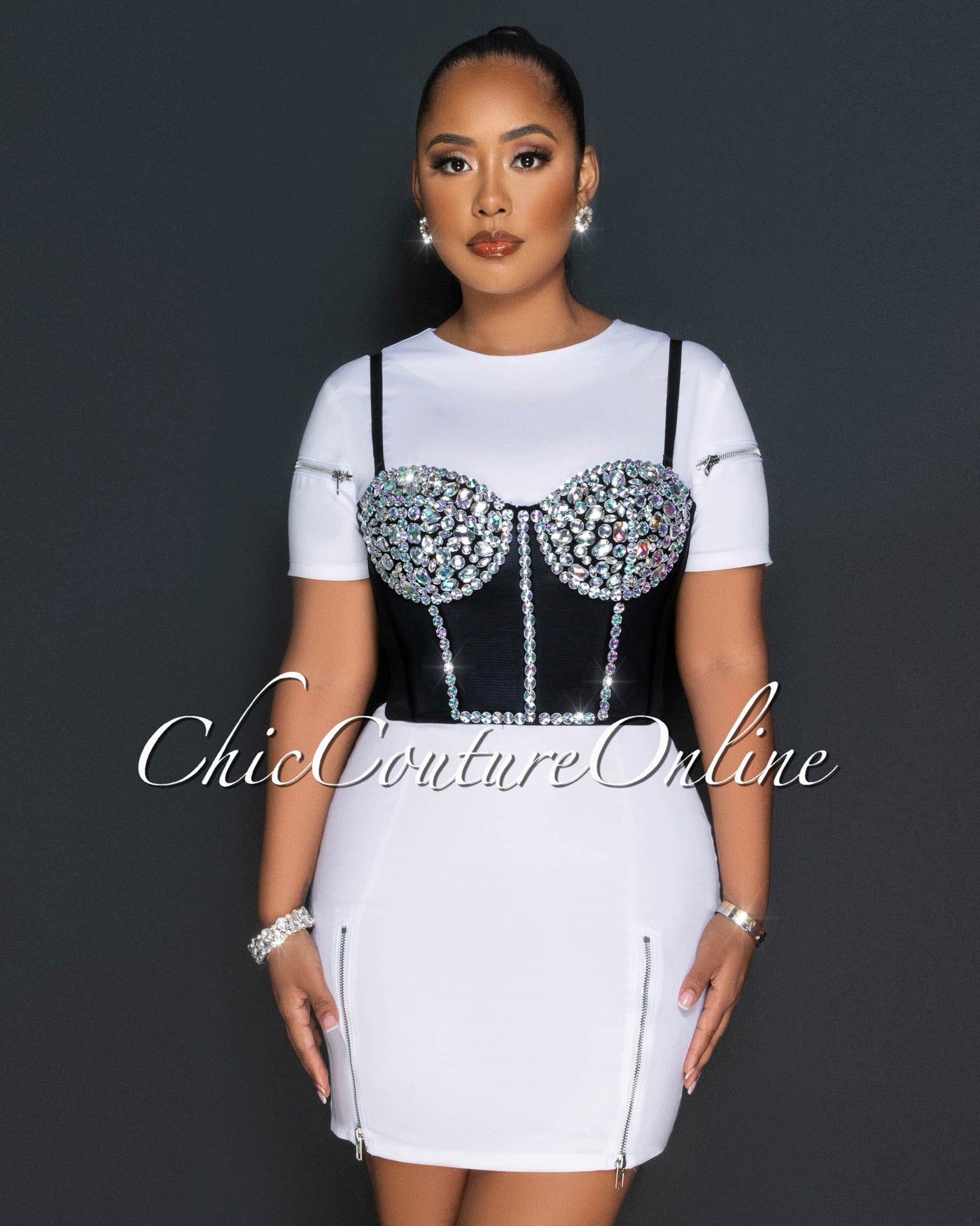 Klein Off-White Dress & Black Rhinestones Bustier Set