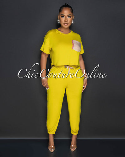 *Labbie Mustard Nude Plaid Accent Jogger Set