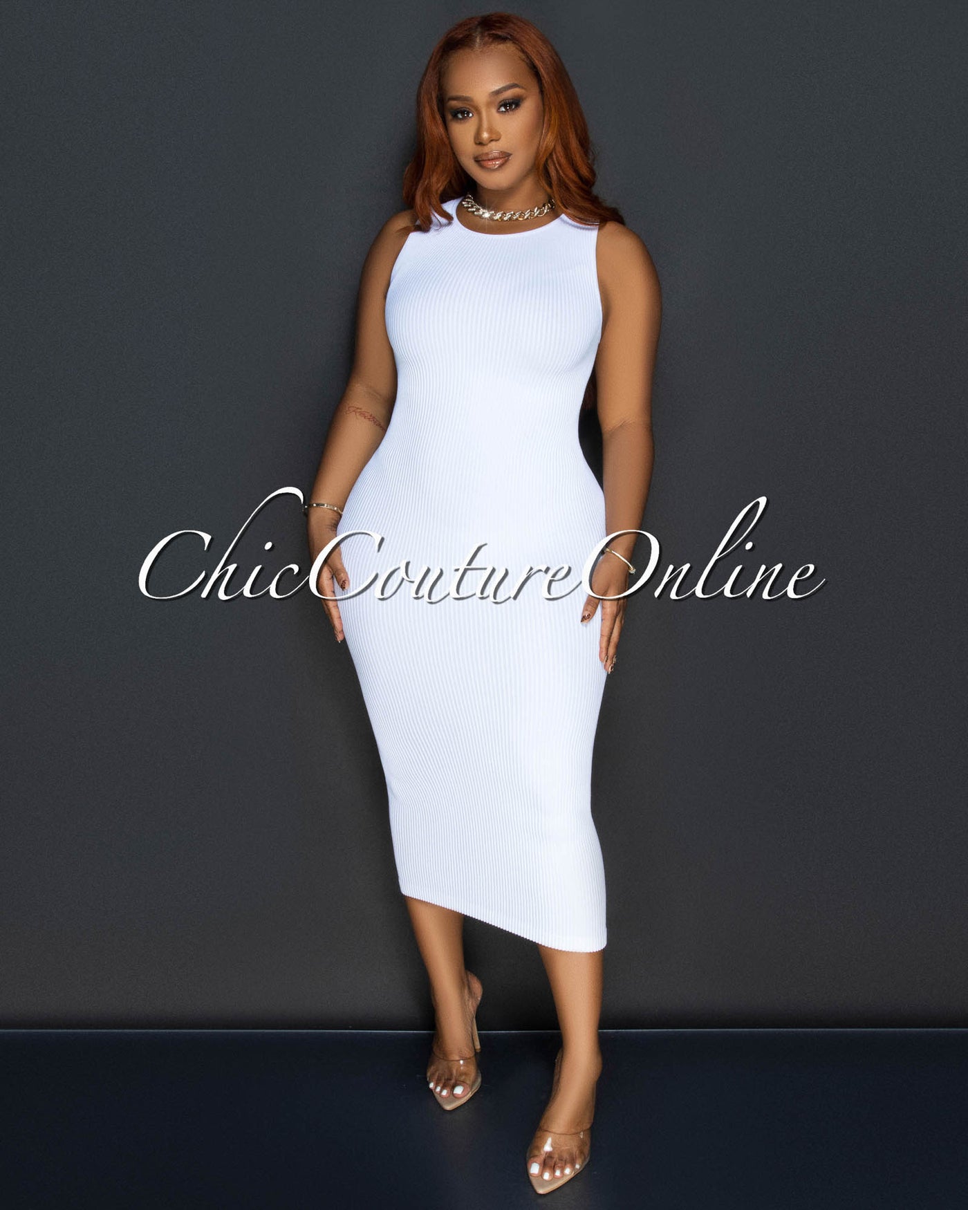 Fiora White Sleeveless Ribbed Midi Dress