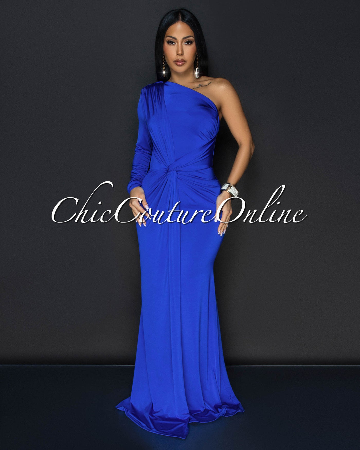 Balencia Royal-Blue Single Sleeve Knot Front Maxi Dress