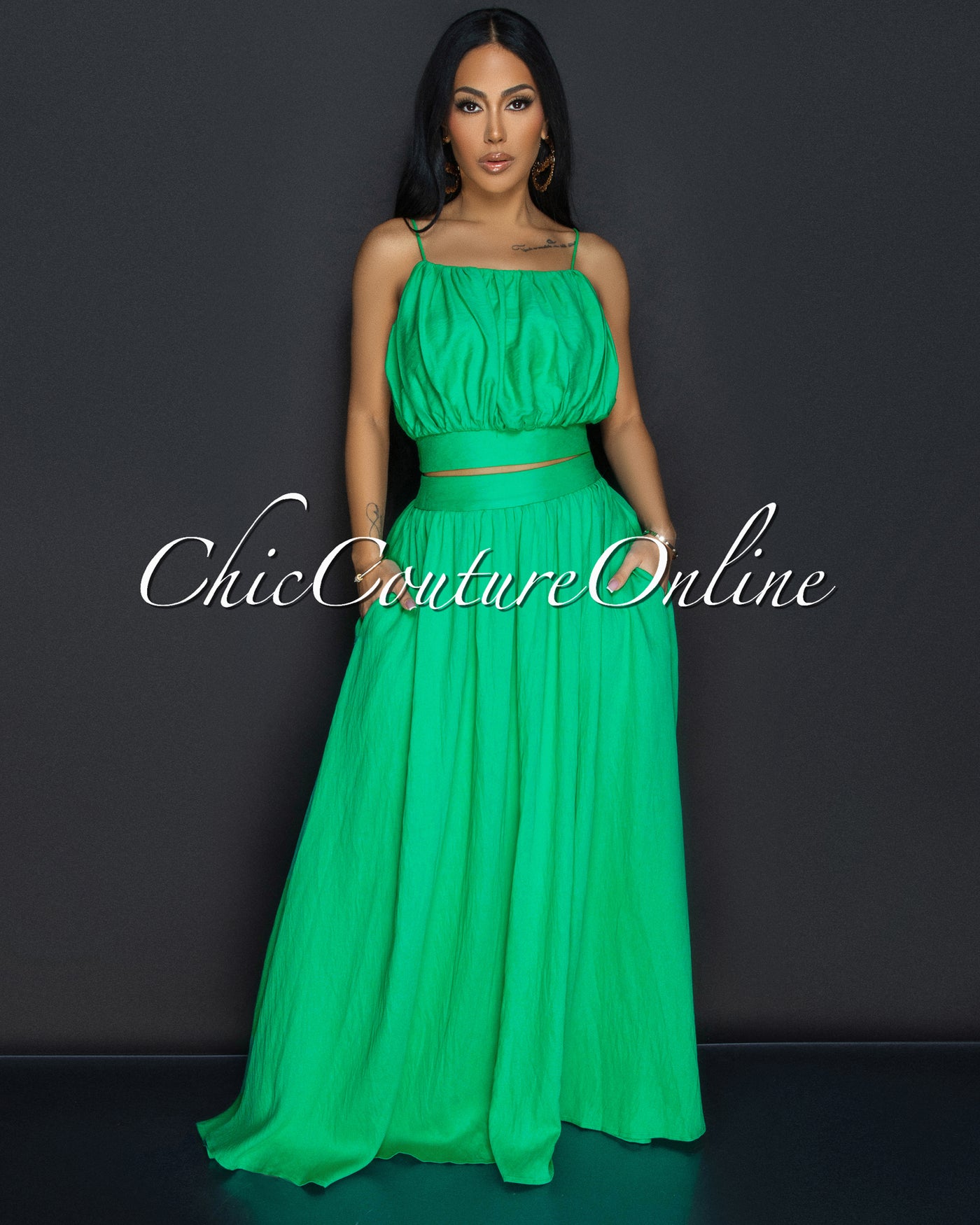 Danaye Green Crop Top & Flared Skirt Two Piece Set