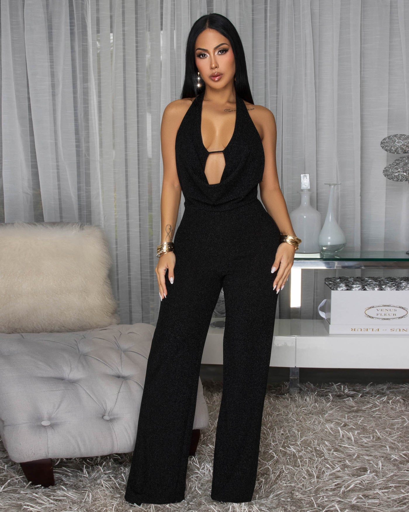 Lena Black Shimmer Backless Jumpsuit