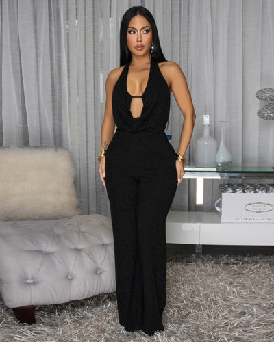 Lena Black Shimmer Backless Jumpsuit