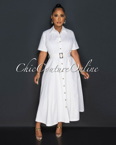 Surina Off-White Brown Accent Belt Maxi Dress