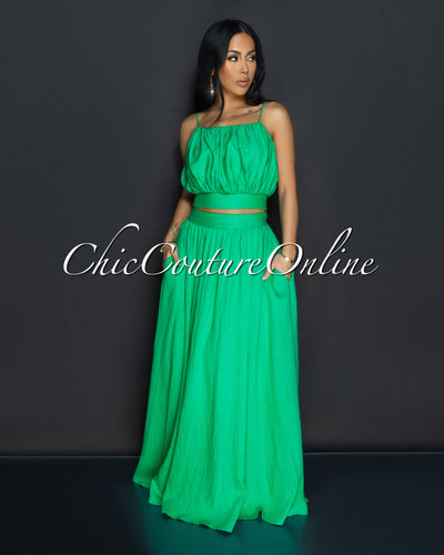 Danaye Green Crop Top & Flared Skirt Two Piece Set