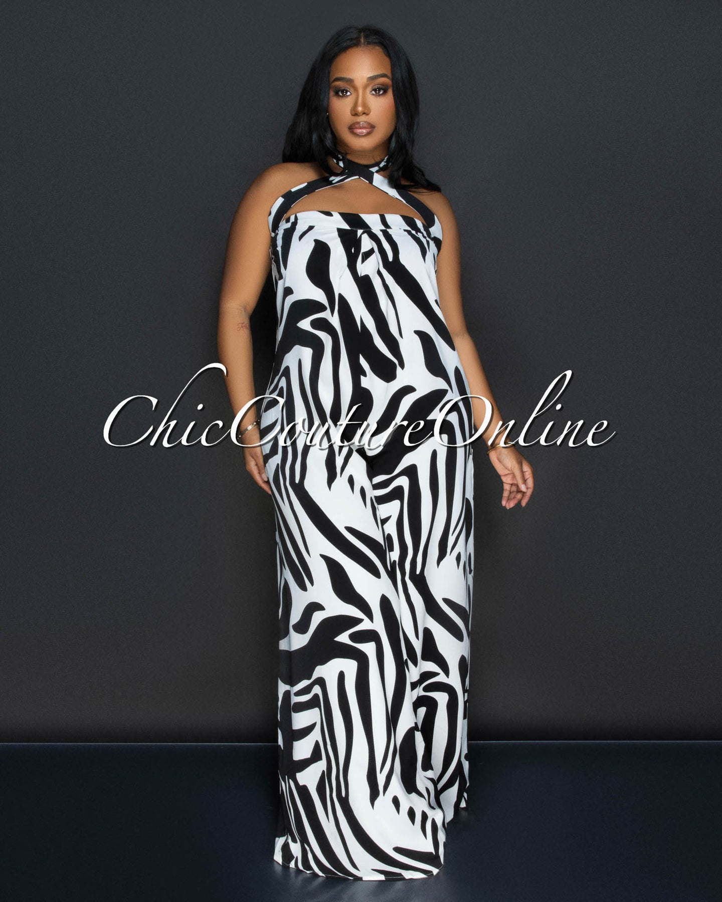 Kona Black White Strapless Wide Legs Jumpsuit