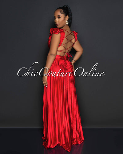 Elaine Red Ruffle Lace-Up Back Pleated Silky Maxi Dress