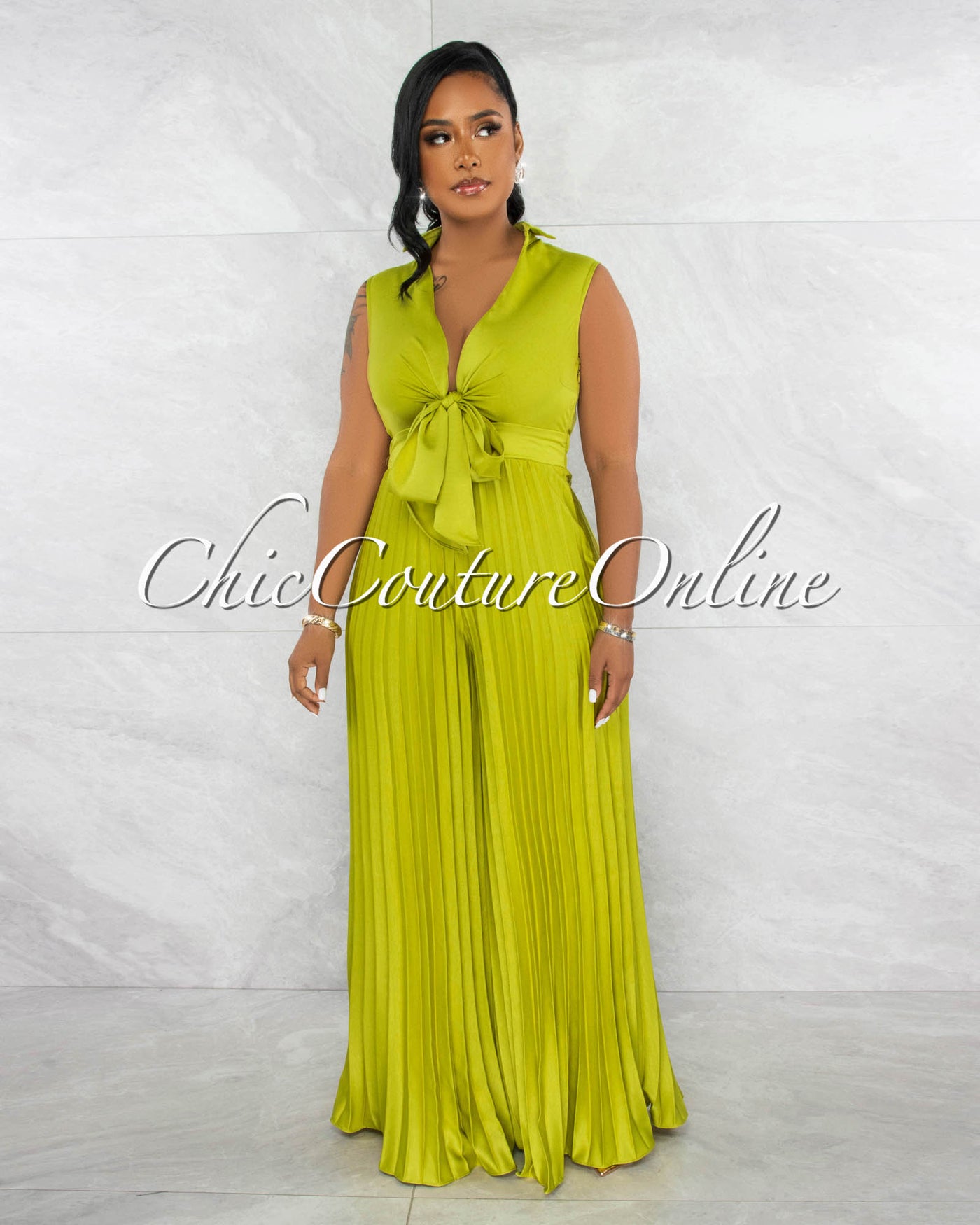 Glenis Olive Green Front Tie Pleated Legs Silky Jumpsuit