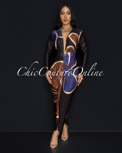 Alessia Chocolate Brown Multi-Color Deep V Neck Maxi Dress