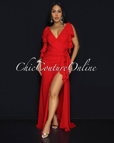 Abianka Red Ruffle Slit Maxi Dress