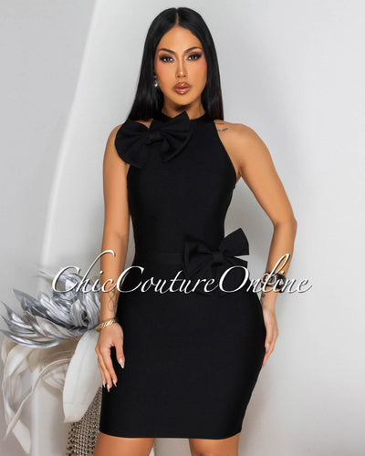 Vellene Black Bow Accents Bandage Dress