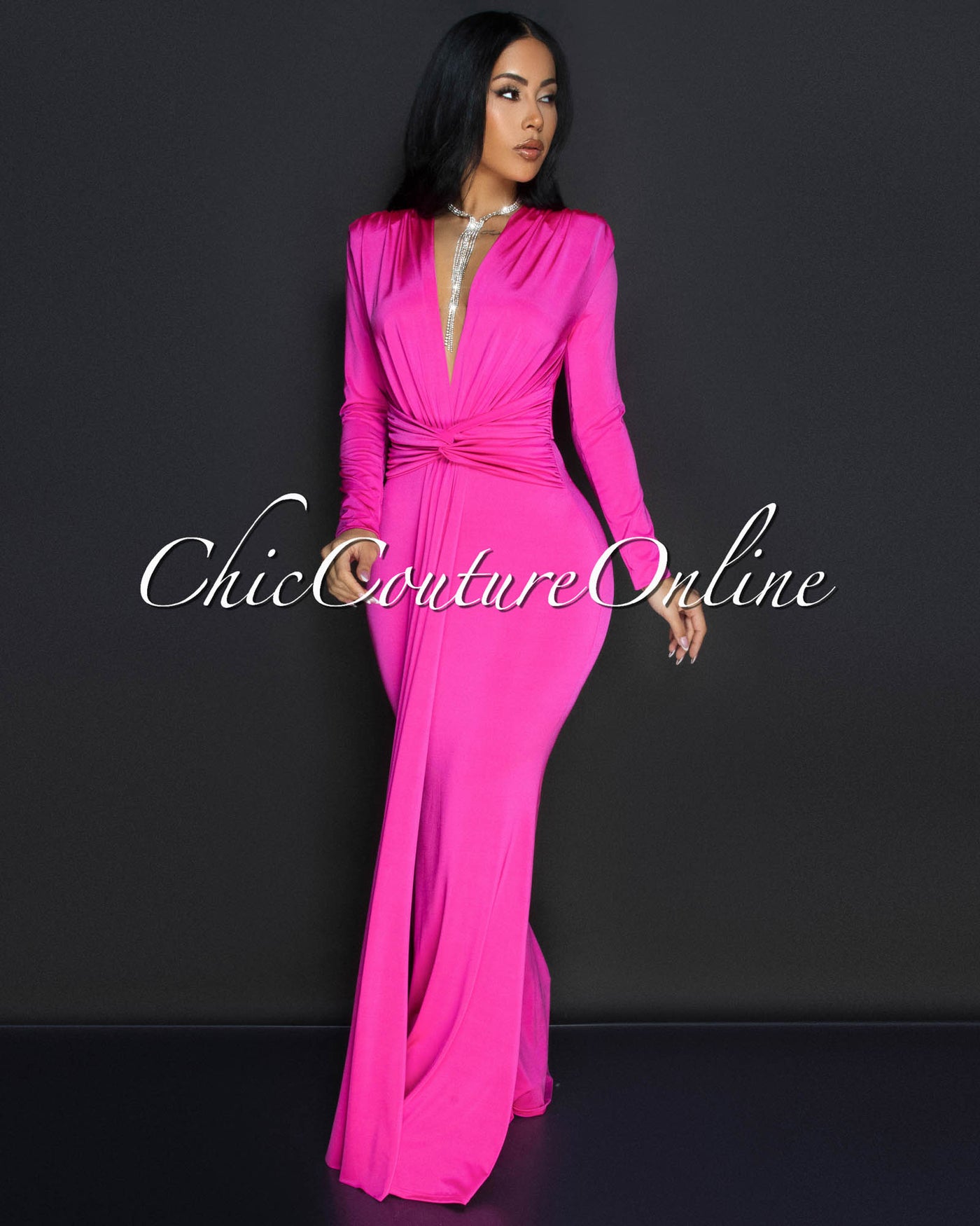 Cordelia Fuchsia Long Sleeves Deep V-Neck Maxi Dress