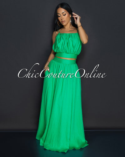 Danaye Green Crop Top & Flared Skirt Two Piece Set