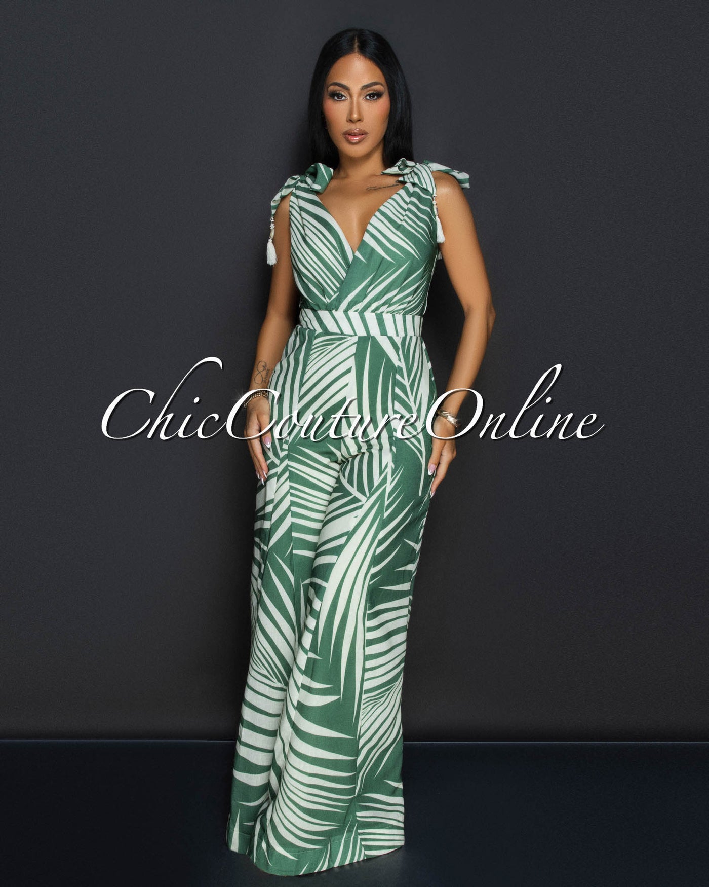 Sitti Green Beige V Neck Wide Legs Jumpsuit