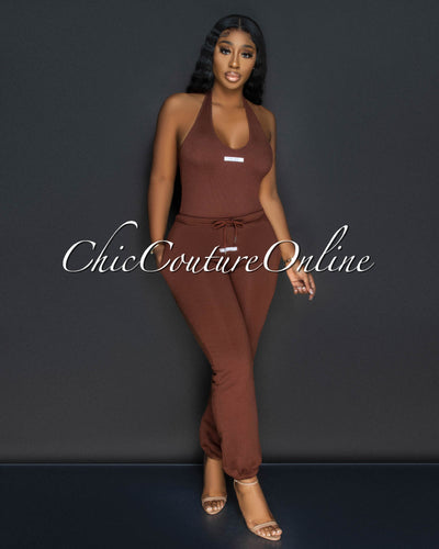 Baely Brown Ribbed Bodysuit & Sweatpants Set