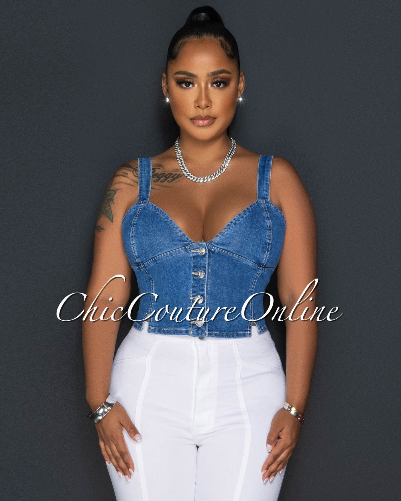 Alona Medium Denim Buttons Crop Bustier