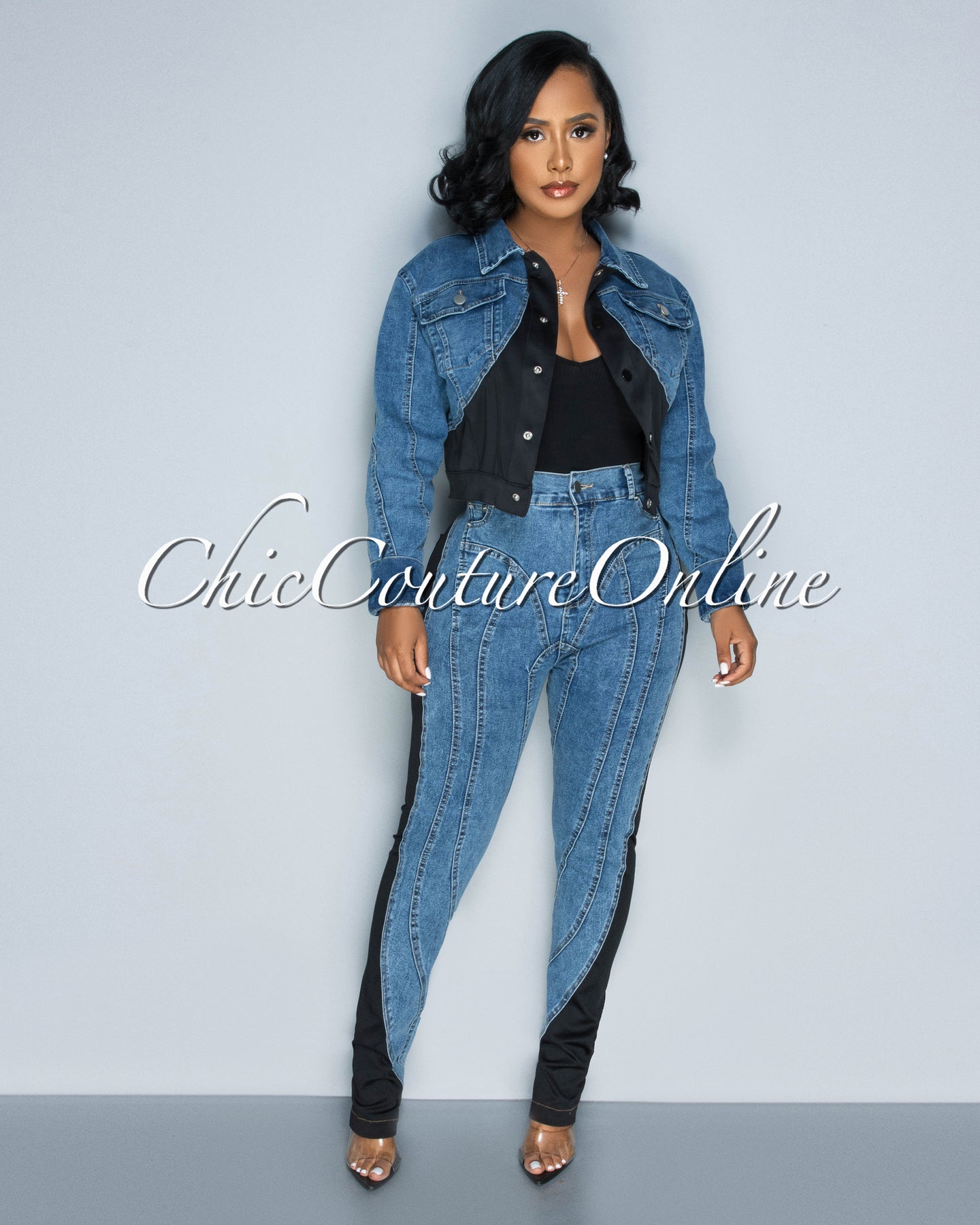 Philly Medium Denim Black Jacket & Jeans Set