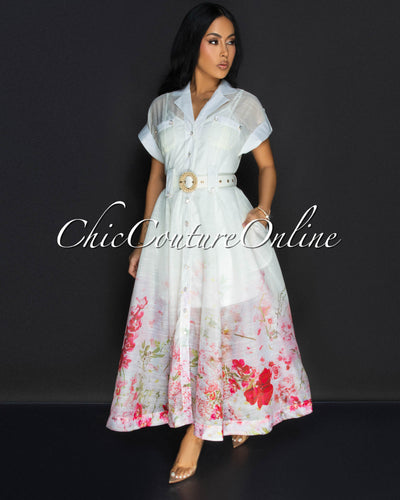 Zaria Cream Floral Print Gold Buttons Belted Maxi Dress