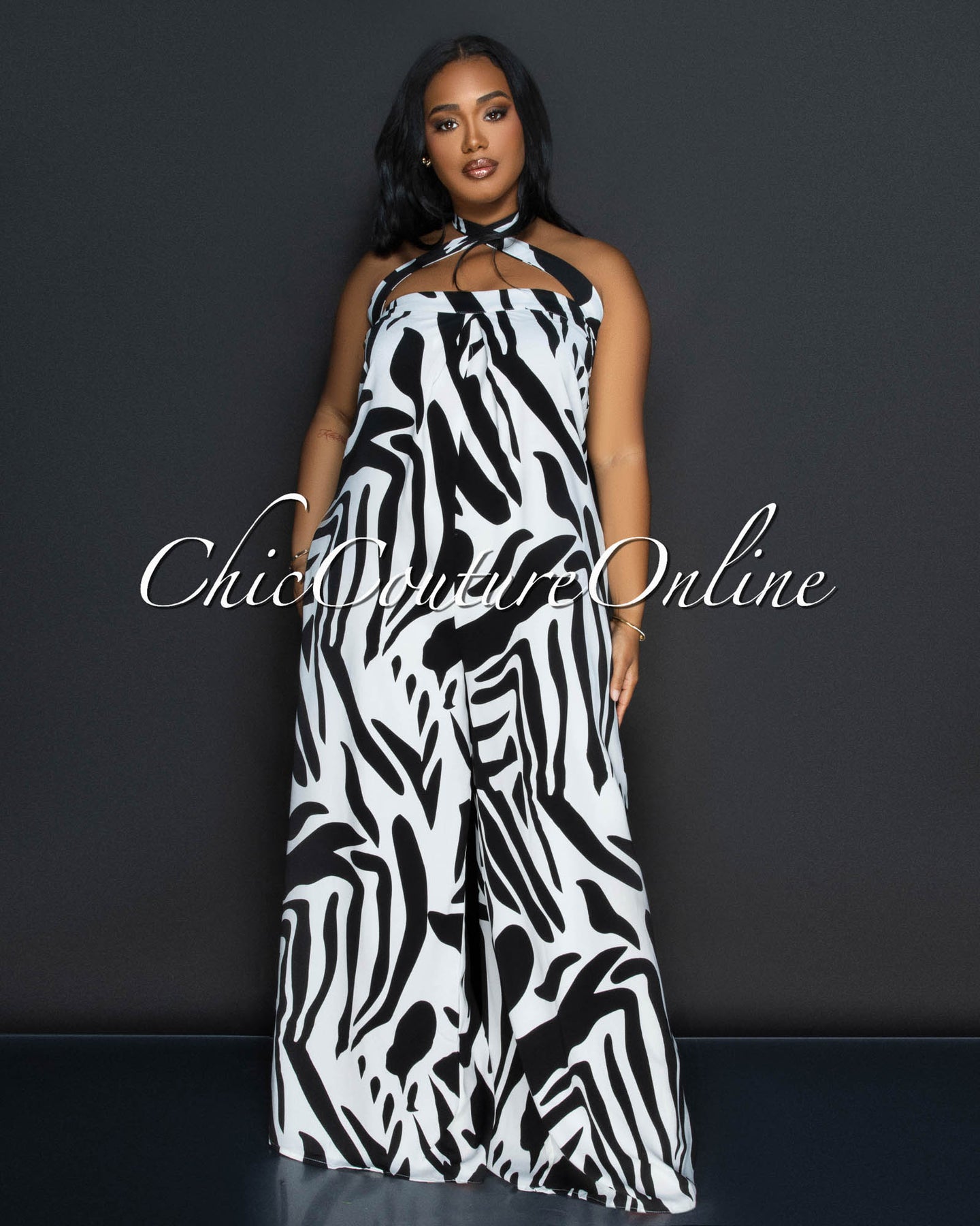 *Kona Black White Strapless Wide Legs Jumpsuit