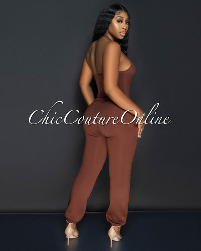 Baely Brown Ribbed Bodysuit & Sweatpants Set