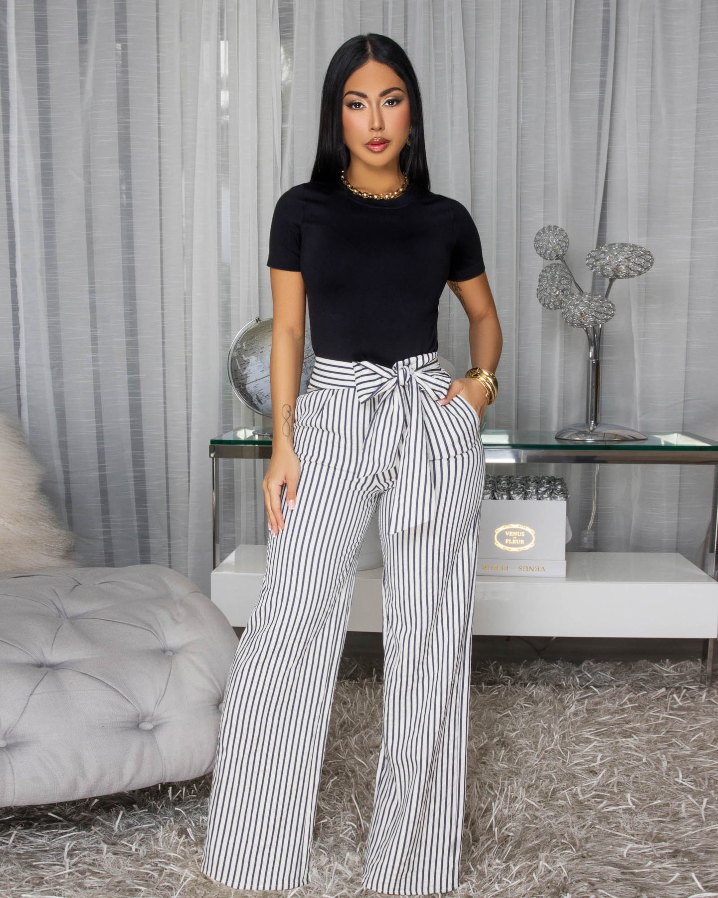 Mika Off-White Navy Stripe Pants