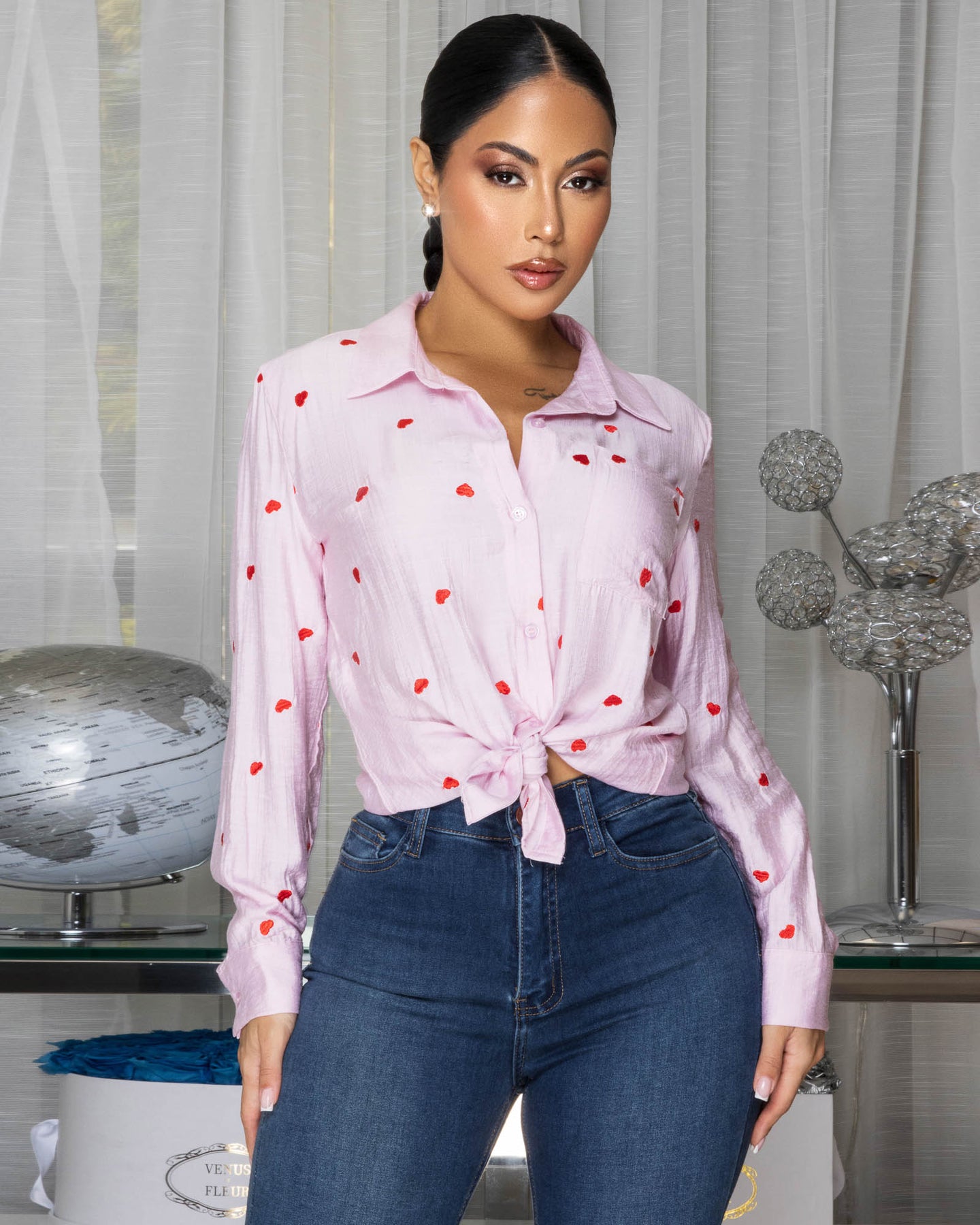 LovelyLight Pink Red Hearts Embroidery Blouse