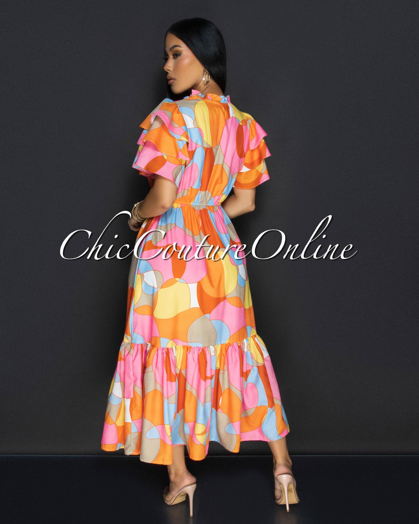 Kora Pink Multi-Color Ruffle Midi Dress