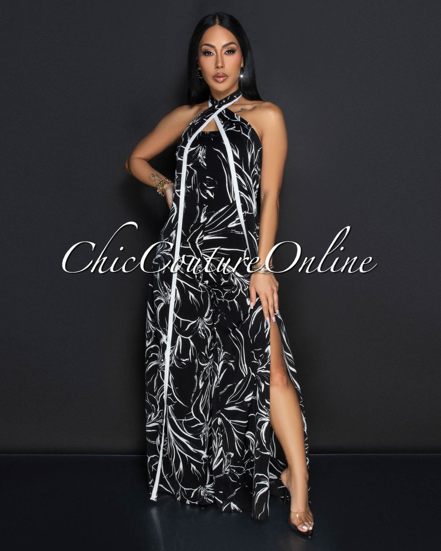 Xenora Black White Cross Halter Wide Legs Jumpsuit