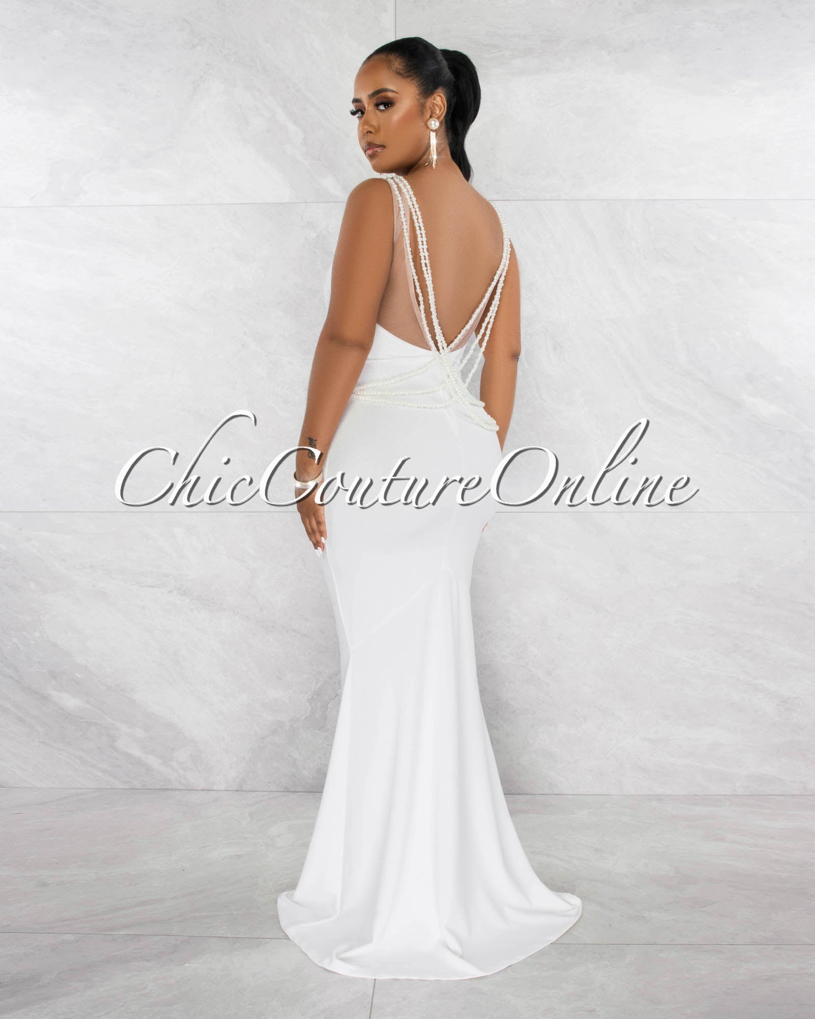 Carina Off-White Low Back Pearl Link Accent Maxi Dress