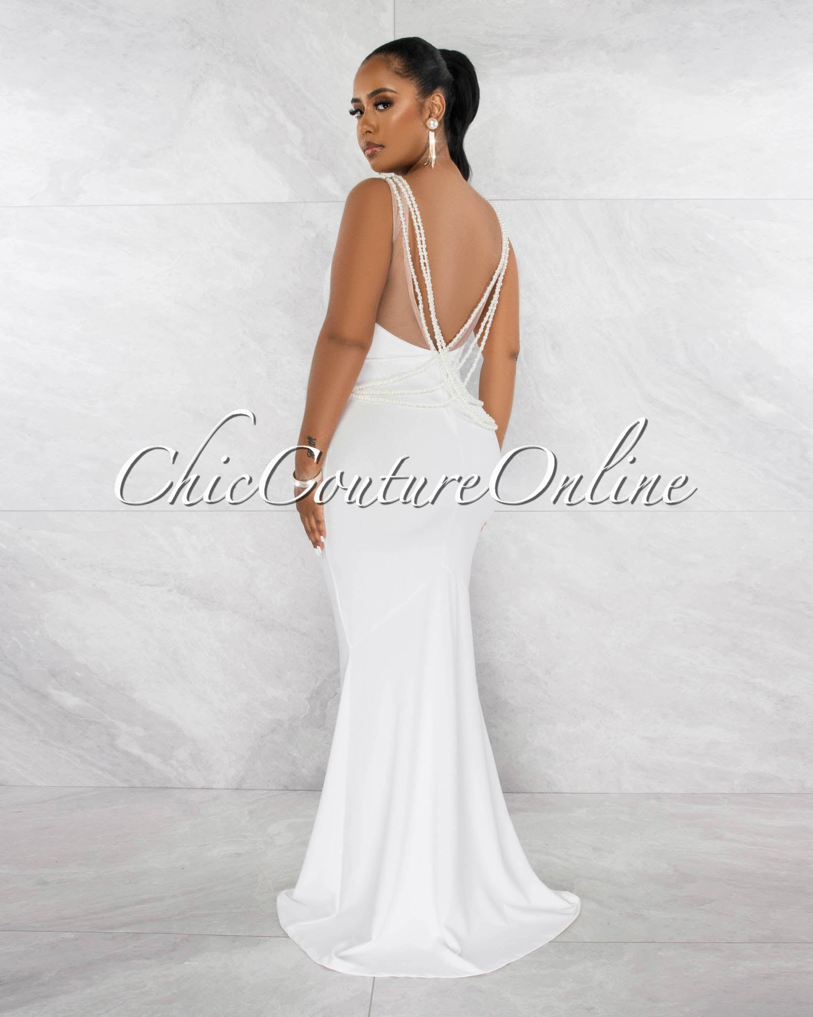 *Carina Off-White Low Back Pearl Link Accent Maxi Dress