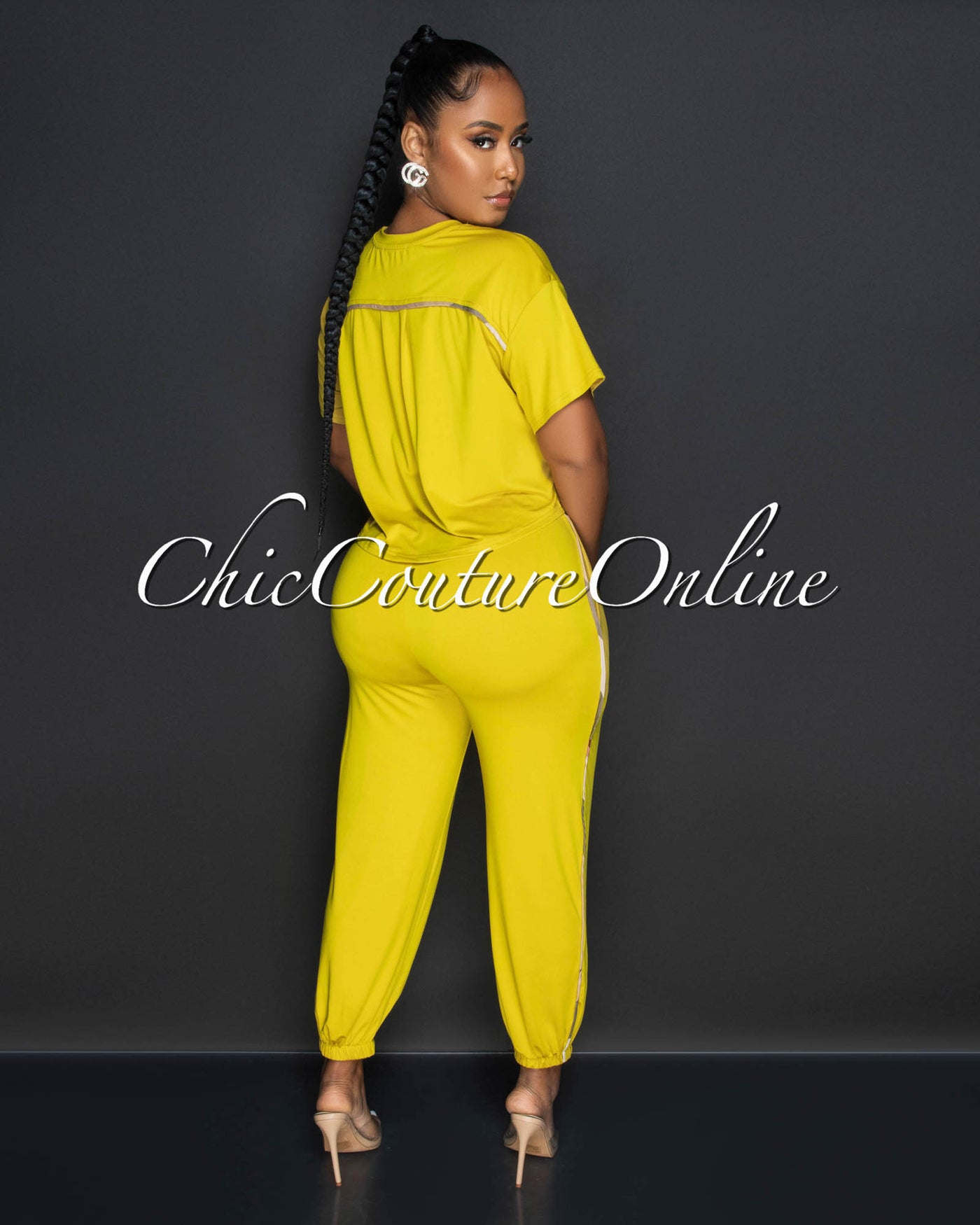 *Labbie Mustard Nude Plaid Accent Jogger Set