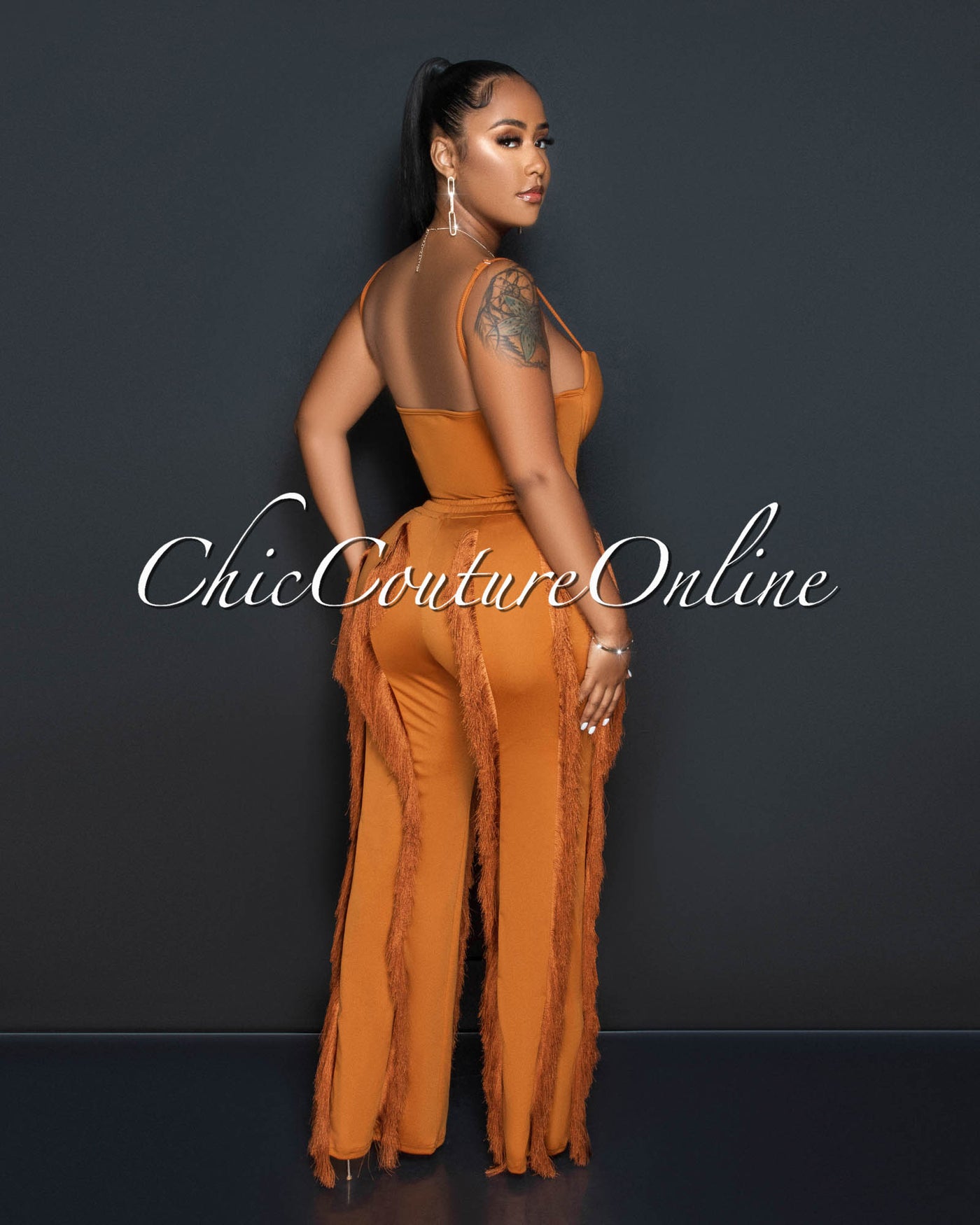 *Cofra Brown Padded Cups Bodysuit & Fringe Pants Set