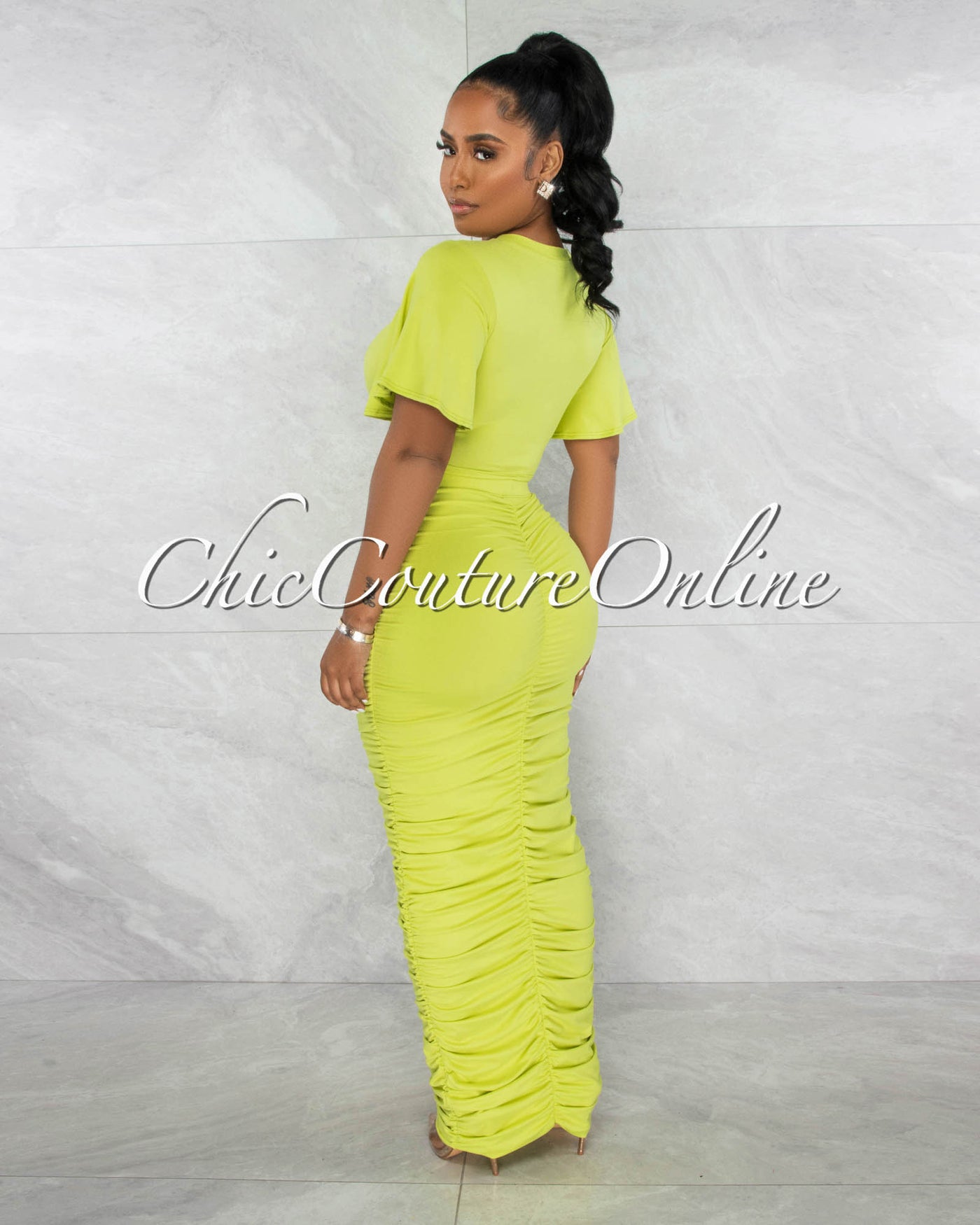 *Pharia Neon Green Crop Top & Ruched Maxi Skirt Set