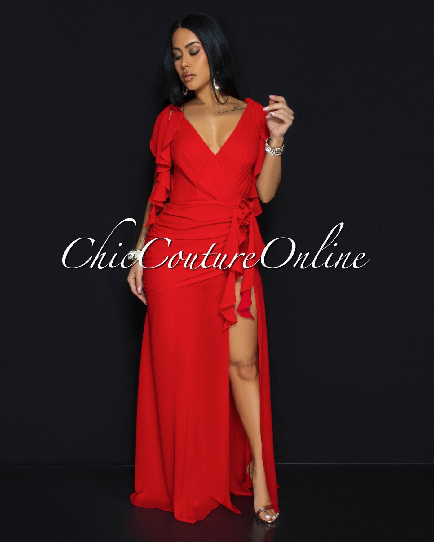 Abianka Red Ruffle Slit Maxi Dress