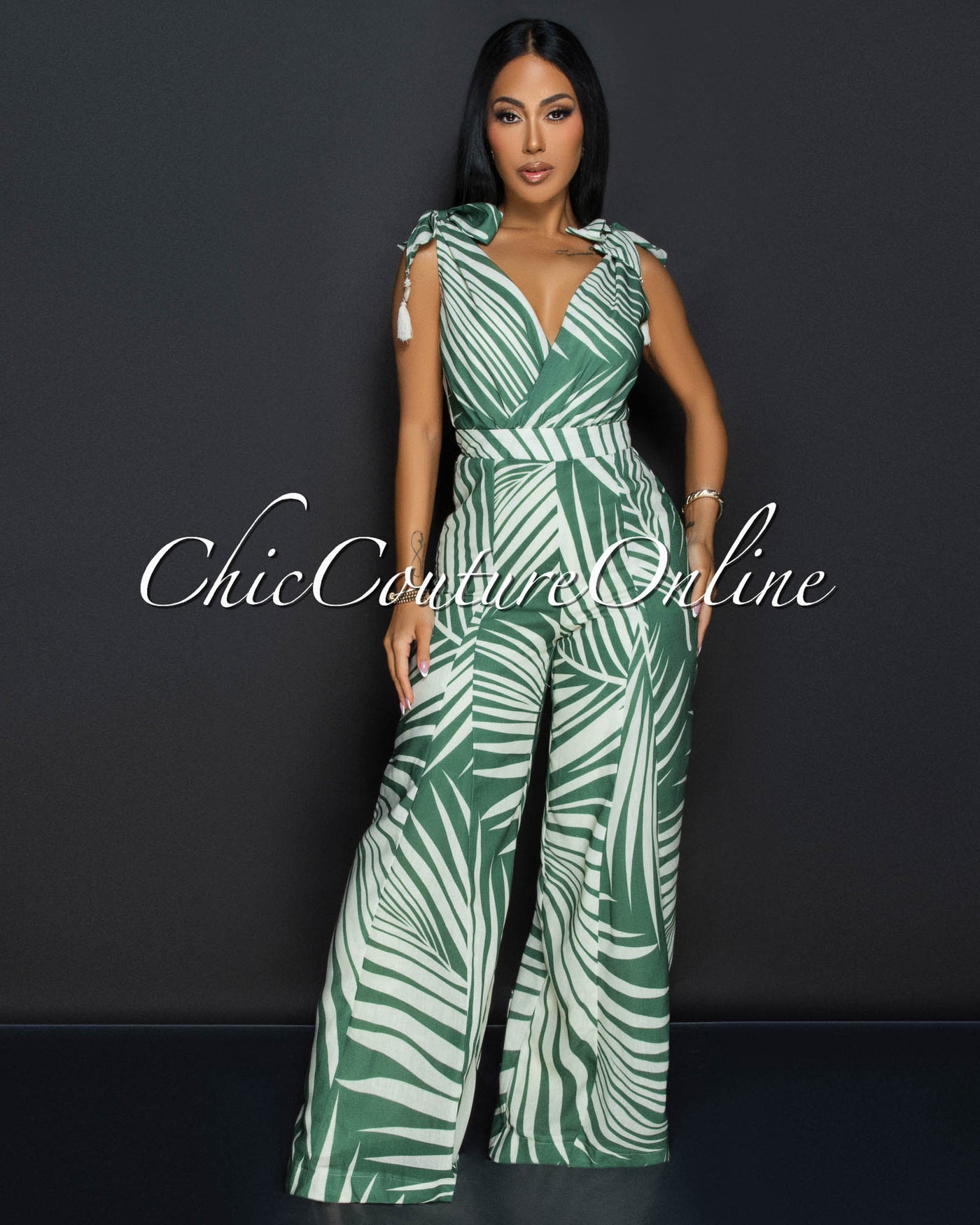 Sitti Green Beige V Neck Wide Legs Jumpsuit