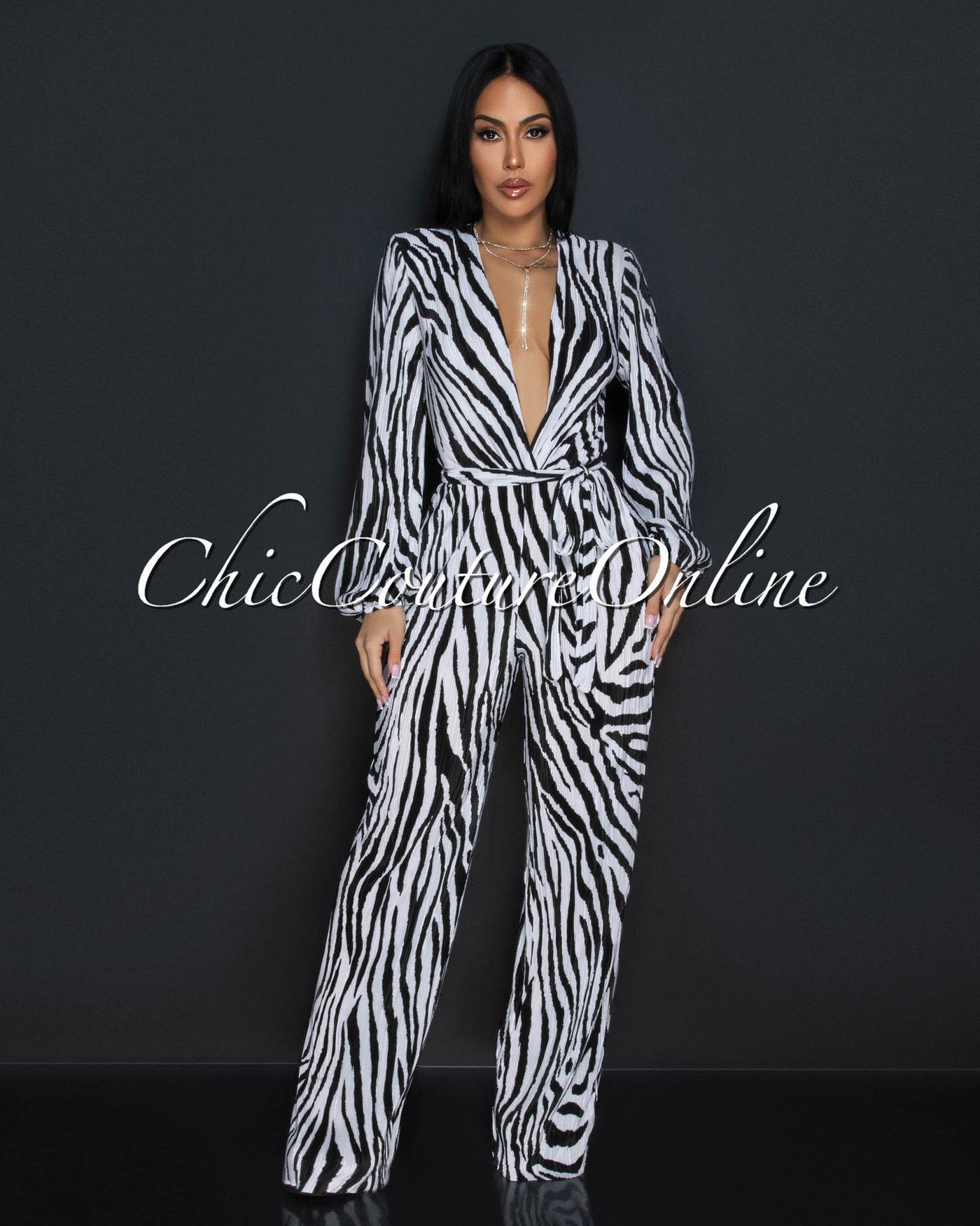 Jalia Black White Zebra Print Deep V-Neck Jumpsuit